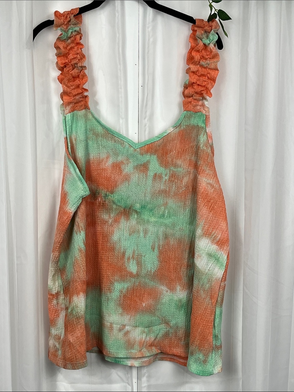 Bibi Womens Tank Top XL Orange Lime Green Ruffle Stretch Straps Stretch Fabric